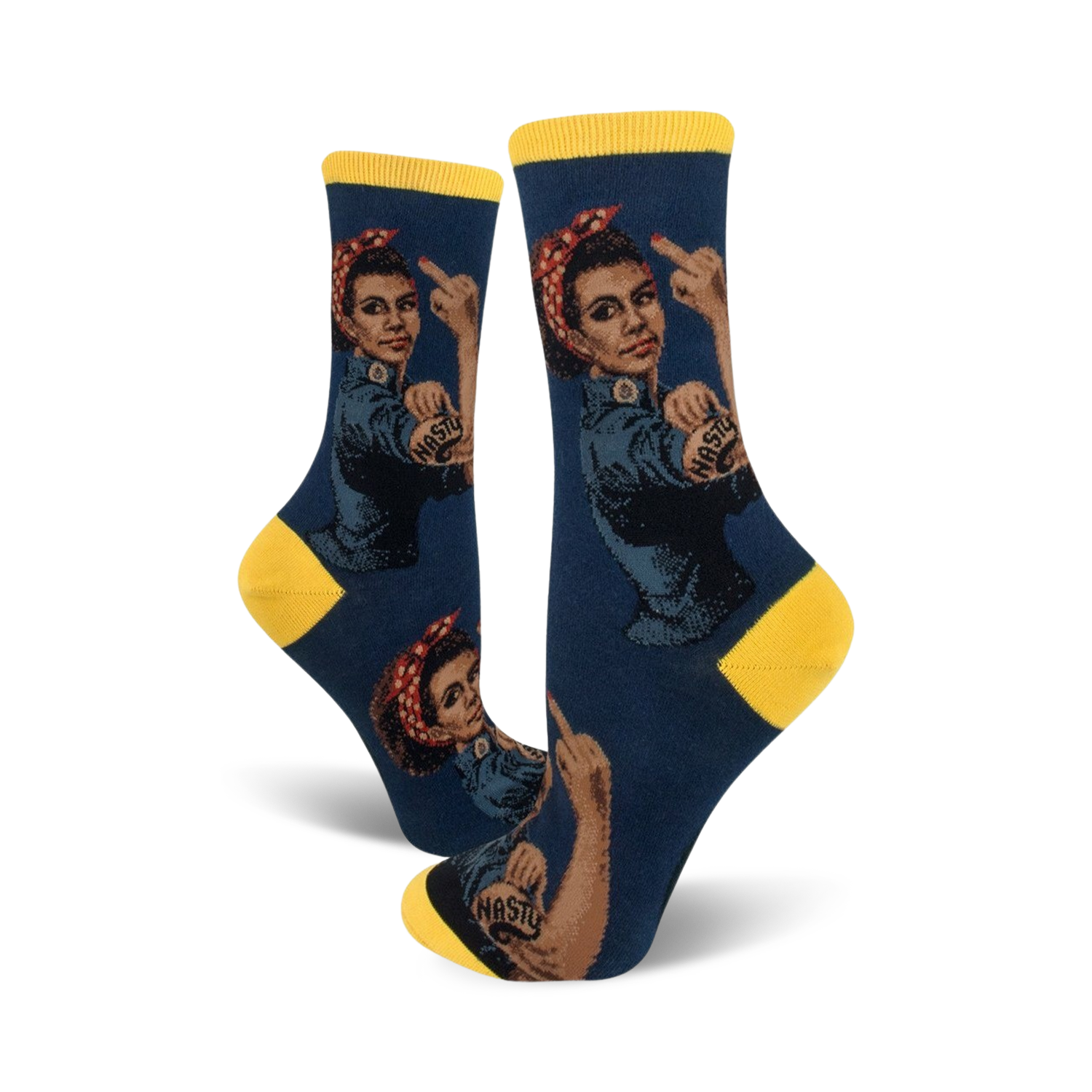 A pair of crew socks featuring Rosie the Riveter giving the middle finger.  The socks are predominantly navy blue and yellow with repeated design elements.