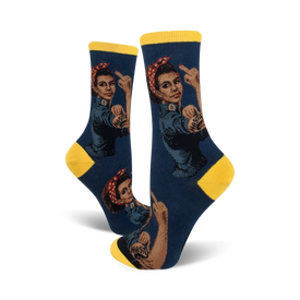 black nasty rosie crew socks feature rosie the riveter giving the middle finger, made for women.  
