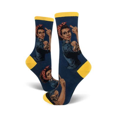 black nasty rosie crew socks feature rosie the riveter giving the middle finger, made for women.  