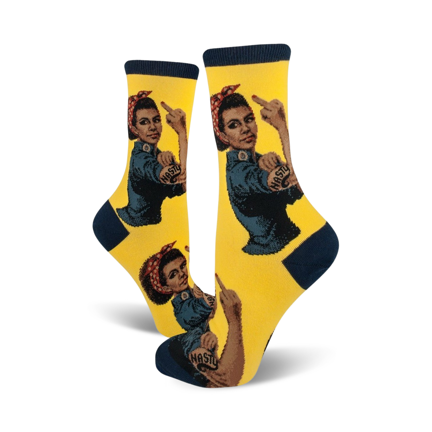 Close-up of a pair of yellow 'Black Nasty Rosie' socks showing the full design.
