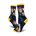 Crew socks in navy and yellow, featuring a graphic of Rosie the Riveter giving the middle finger, with 'Nasty' tattooed on her arm.
