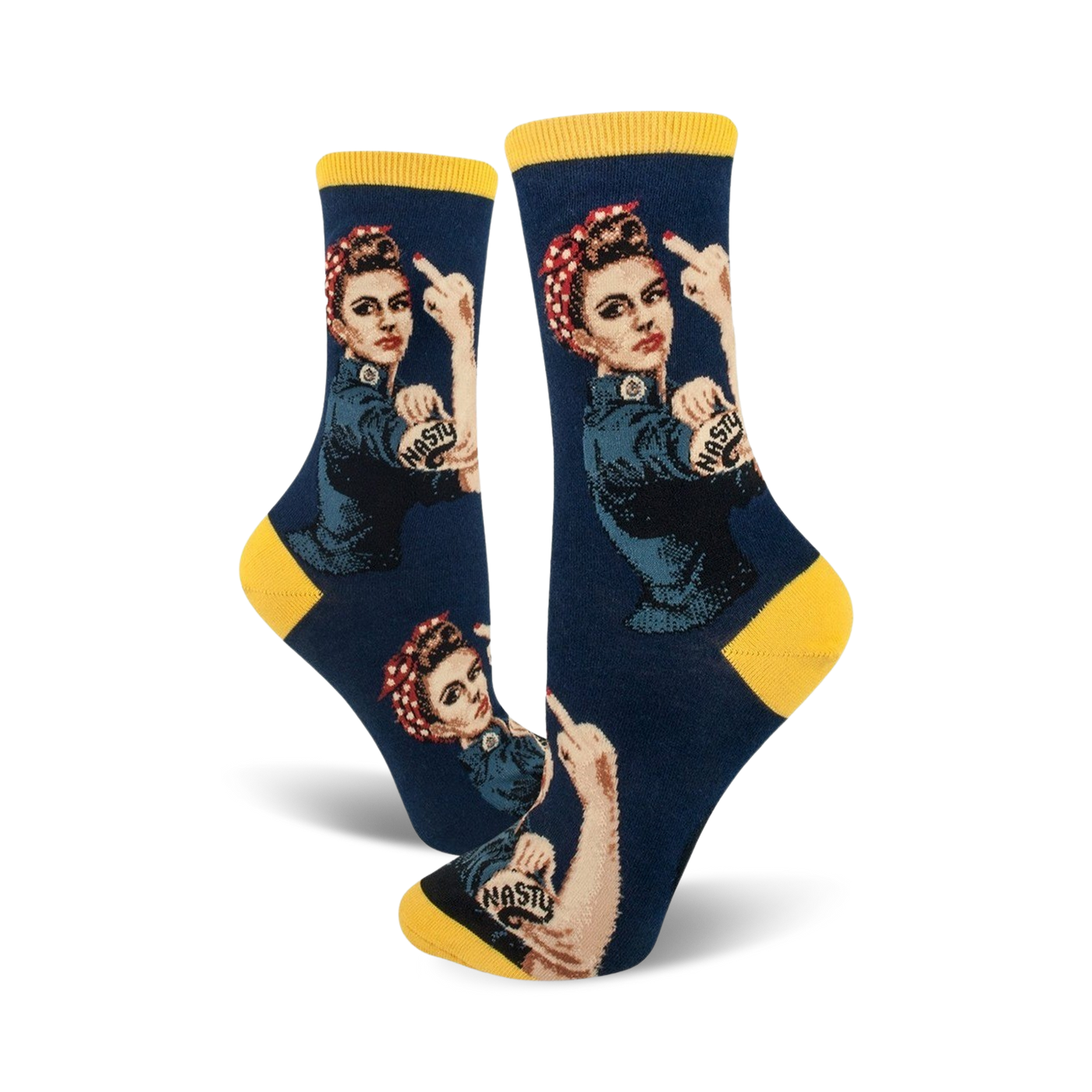 Crew socks in navy and yellow, featuring a graphic of Rosie the Riveter giving the middle finger, with 'Nasty' tattooed on her arm.