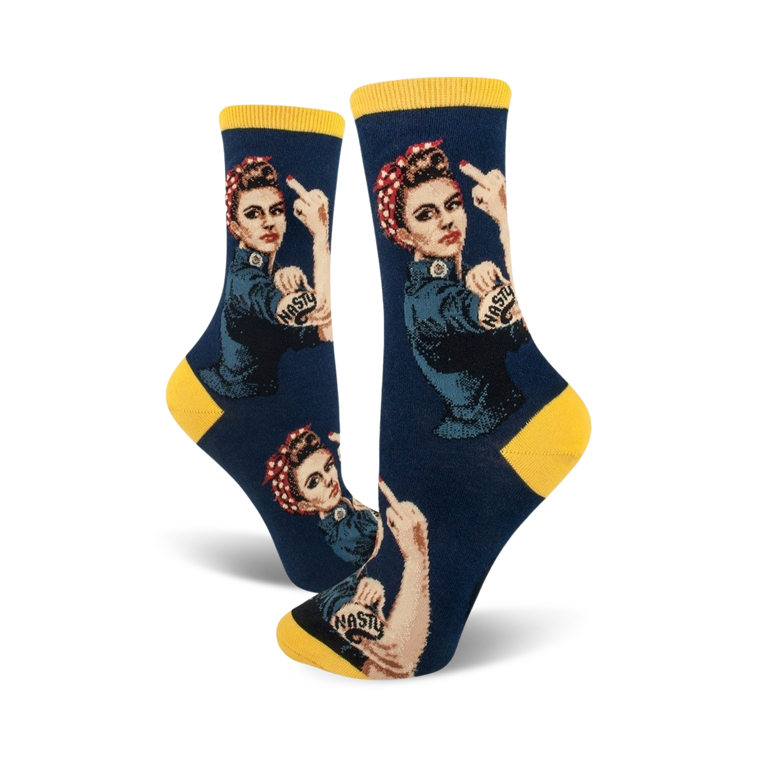 Crew socks in navy and yellow, featuring a graphic of Rosie the Riveter giving the middle finger, with 'Nasty' tattooed on her arm.