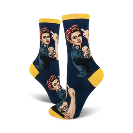 dark blue women's crew socks feature rosie the riveter, an iconic cultural figure from world war ii.  