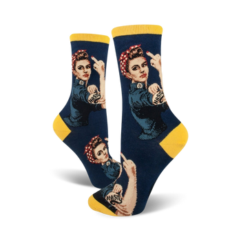 dark blue women's crew socks feature rosie the riveter, an iconic cultural figure from world war ii.  