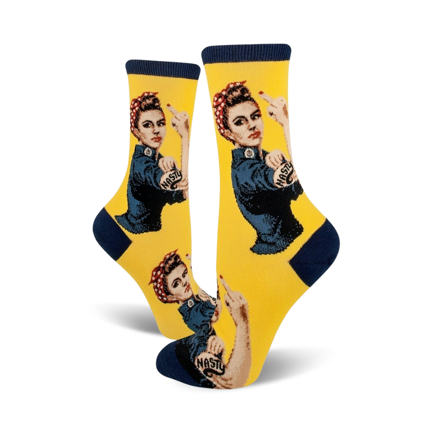 A pair of yellow 'Nasty Rosie' socks shown from the front, showcasing the full design.