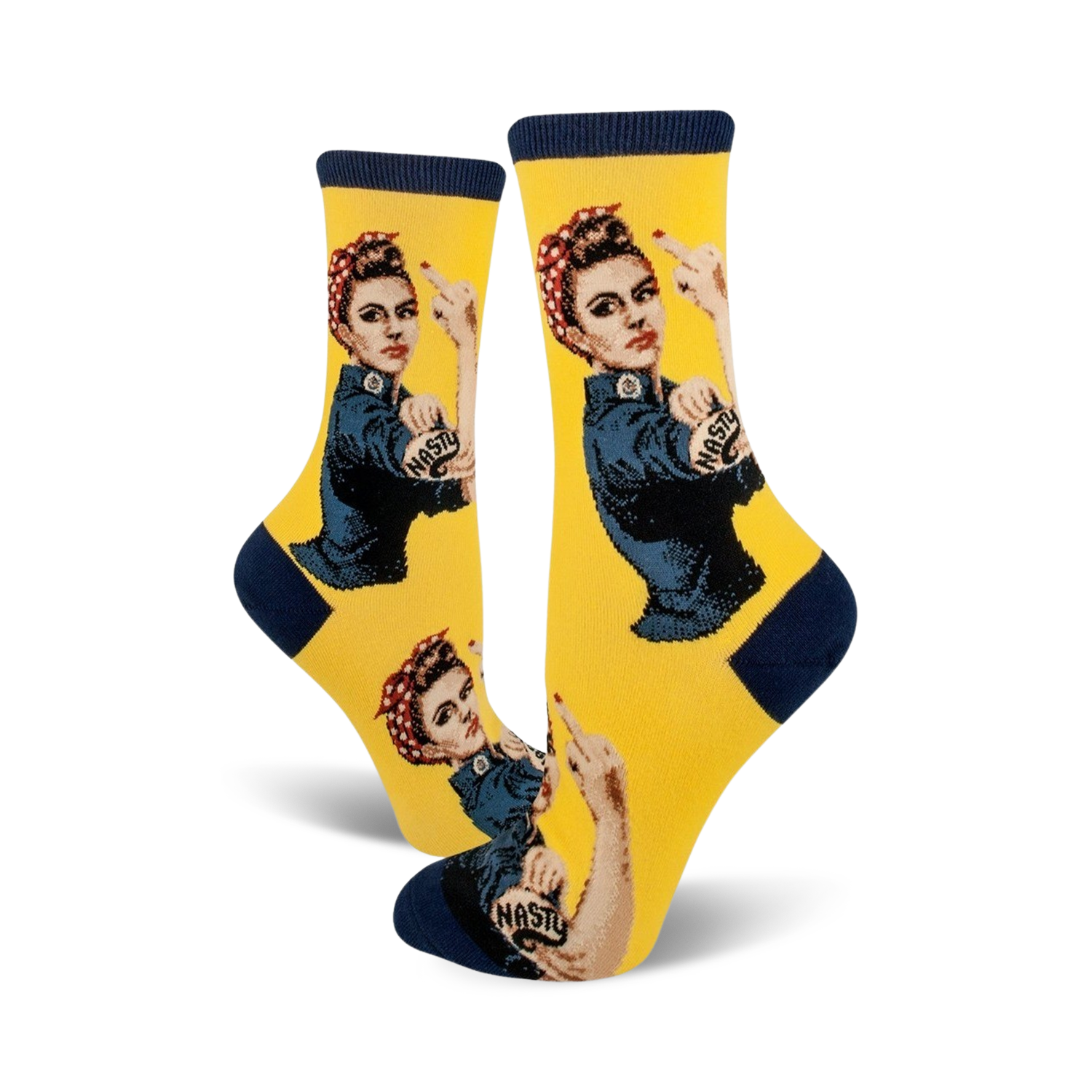 A pair of yellow 'Nasty Rosie' socks shown from the front, showcasing the full design.