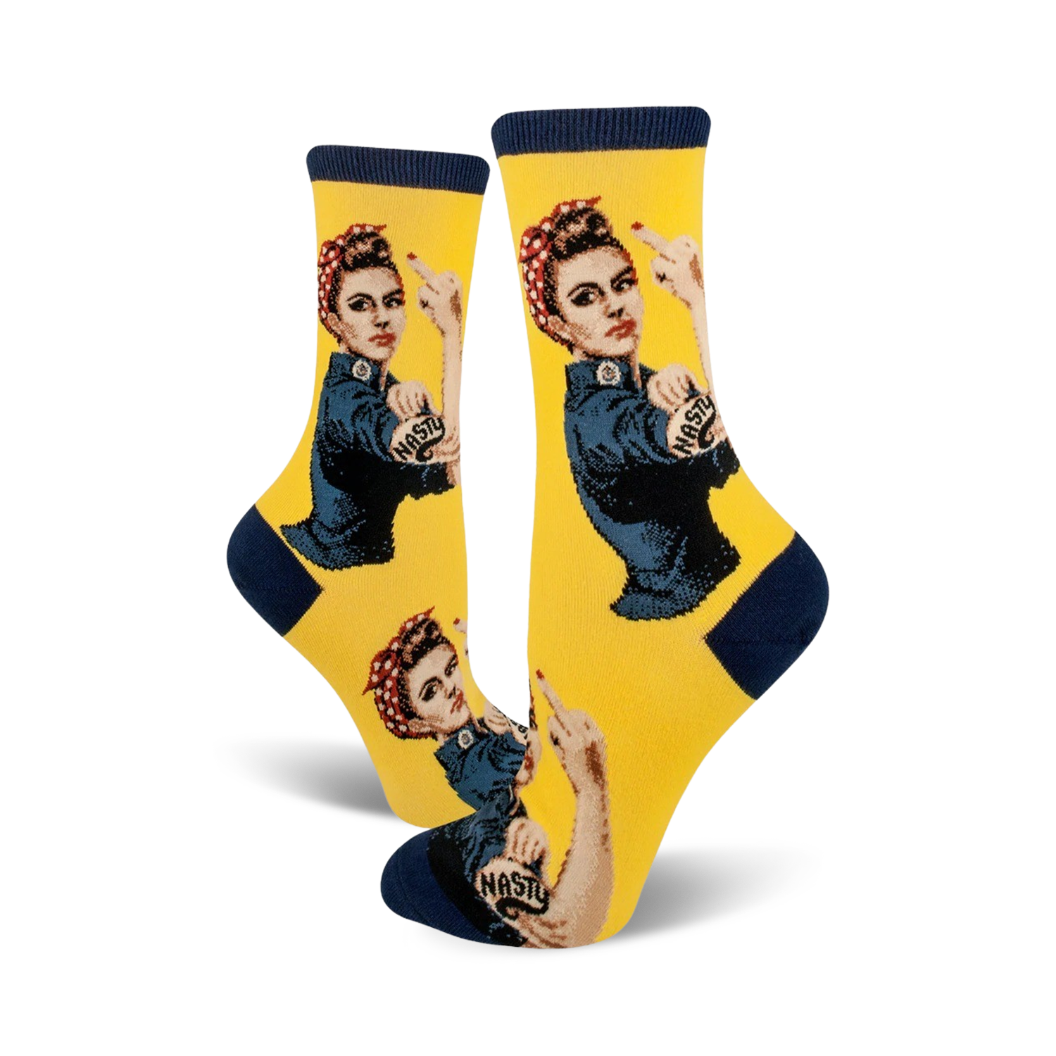 A pair of yellow 'Nasty Rosie' socks shown from the front, showcasing the full design.