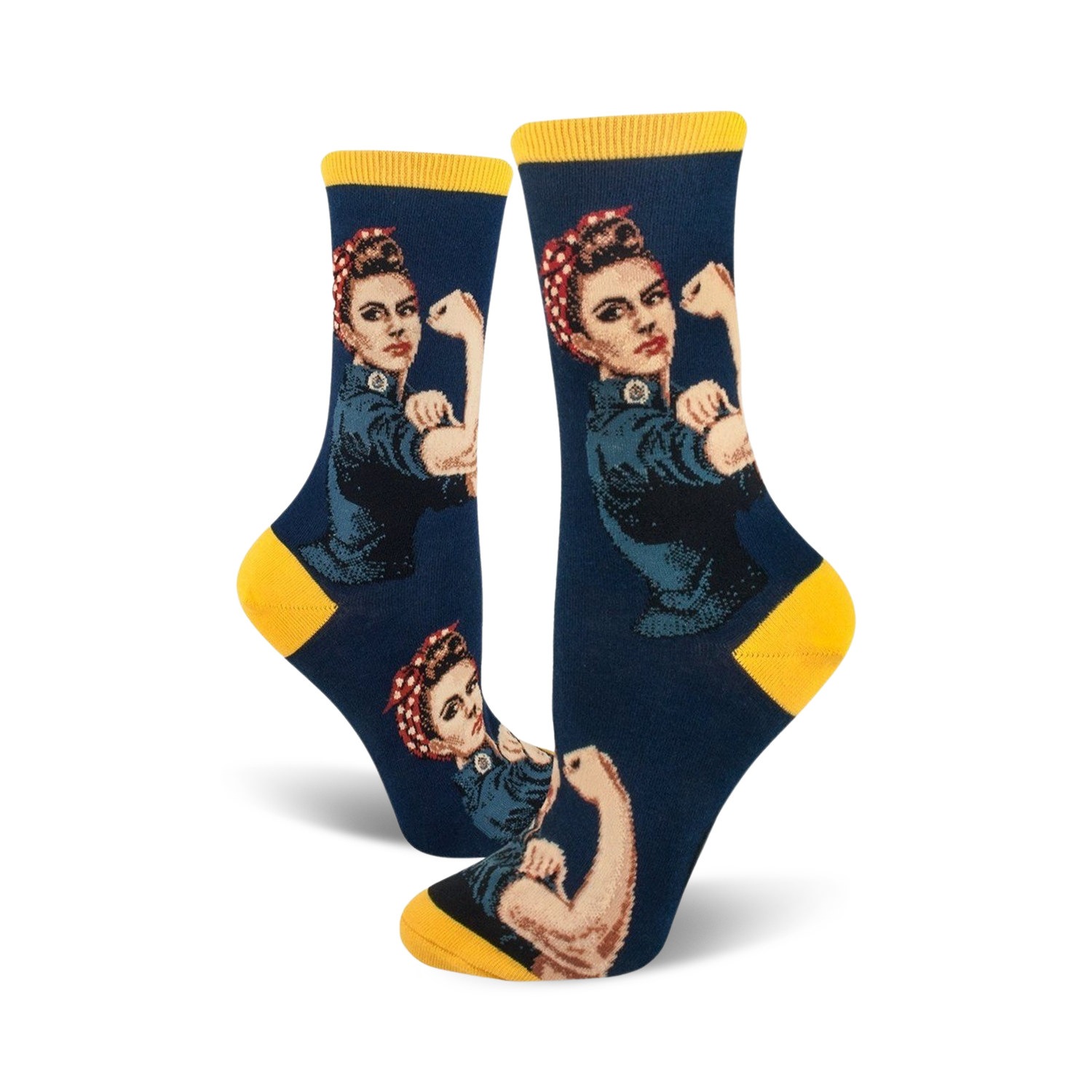 Crew socks in navy blue and yellow, featuring a Rosie the Riveter design. The iconic image shows Rosie flexing her bicep.