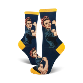 rosie the riveter colorful themed womens blue novelty crew socks