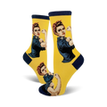 Lifestyle shot showcasing Rosie The Riveter socks on a model's feet, highlighting the socks' fit and feel.