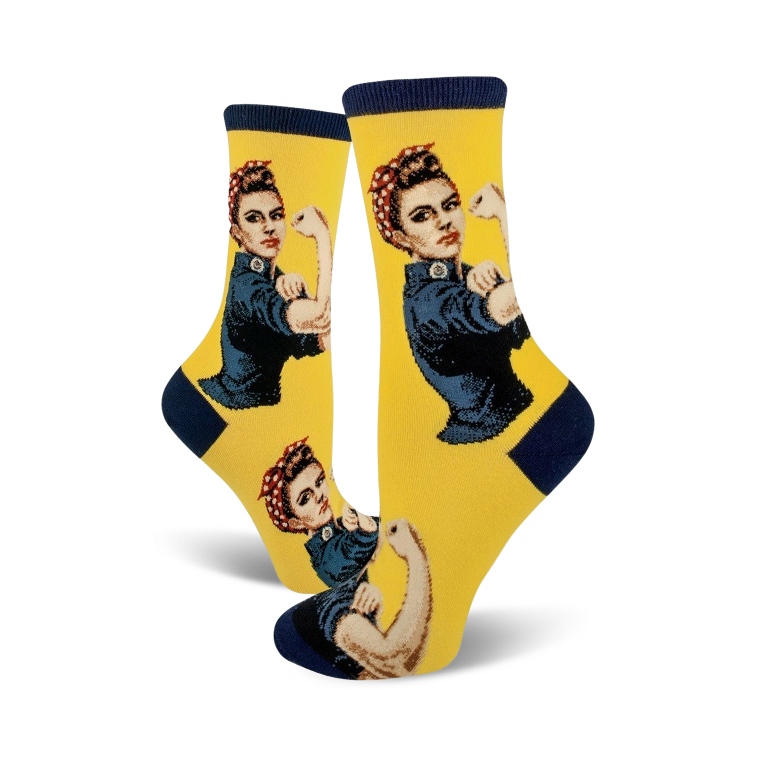 Lifestyle shot showcasing Rosie The Riveter socks on a model's feet, highlighting the socks' fit and feel.