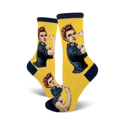 Lifestyle shot showcasing Rosie The Riveter socks on a model's feet, highlighting the socks' fit and feel.