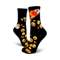 Black crew socks covered in yellow emojis and colorful pills.  A fun and quirky design.