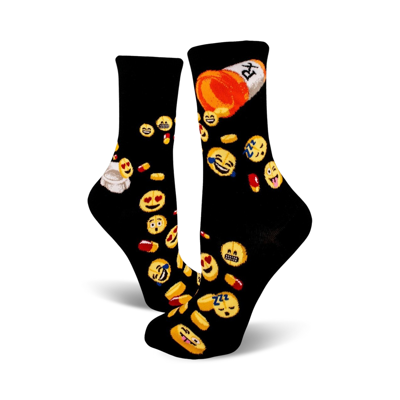 Black crew socks covered in yellow emojis and colorful pills.  A fun and quirky design.