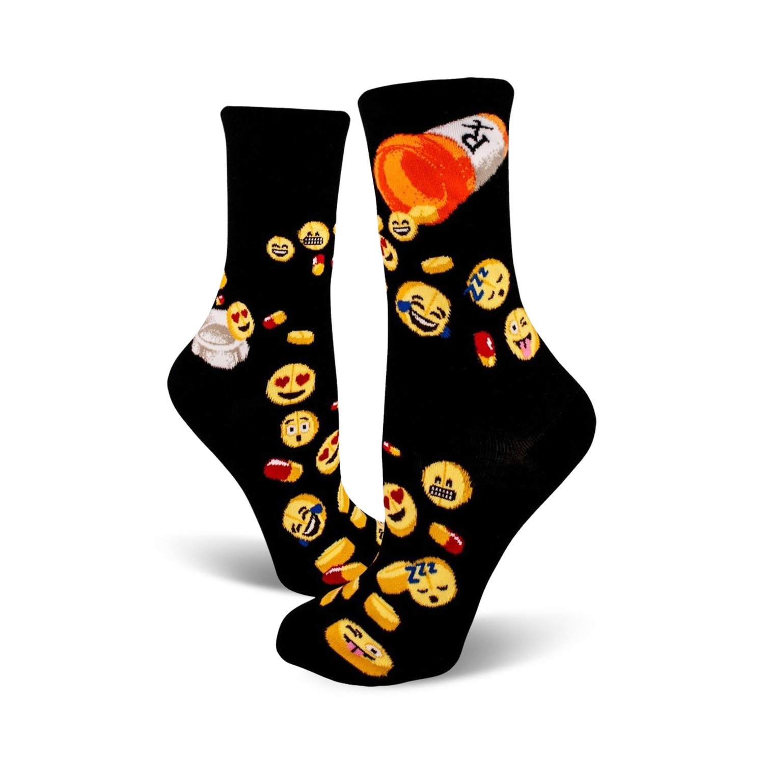 Black crew socks covered in yellow emojis and colorful pills.  A fun and quirky design.