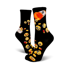 womens crew socks themed with yellow emoji faces and red blue pills on a black background.  