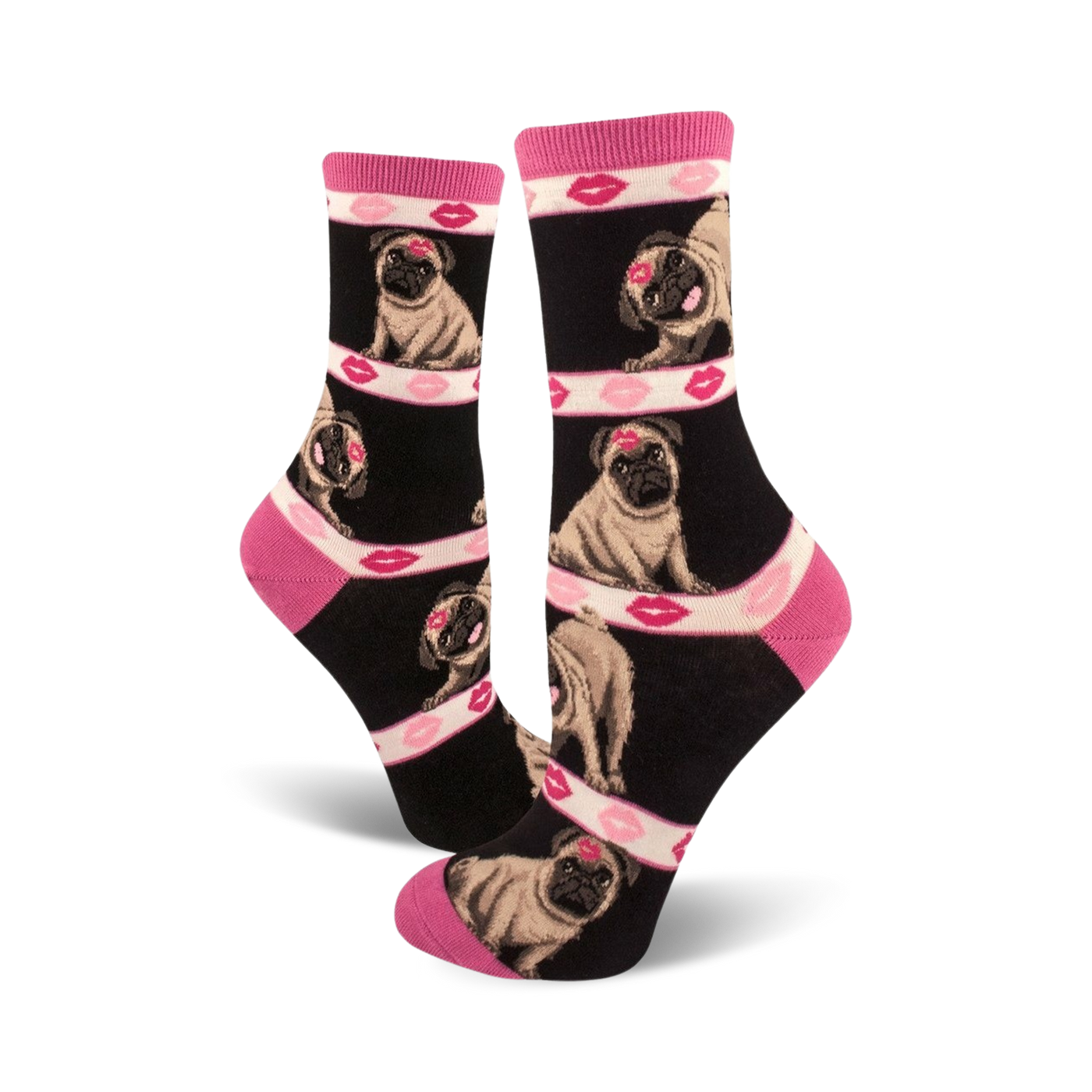 Crew socks in black with repeating images of pugs and pink lips.  A fun and playful design.