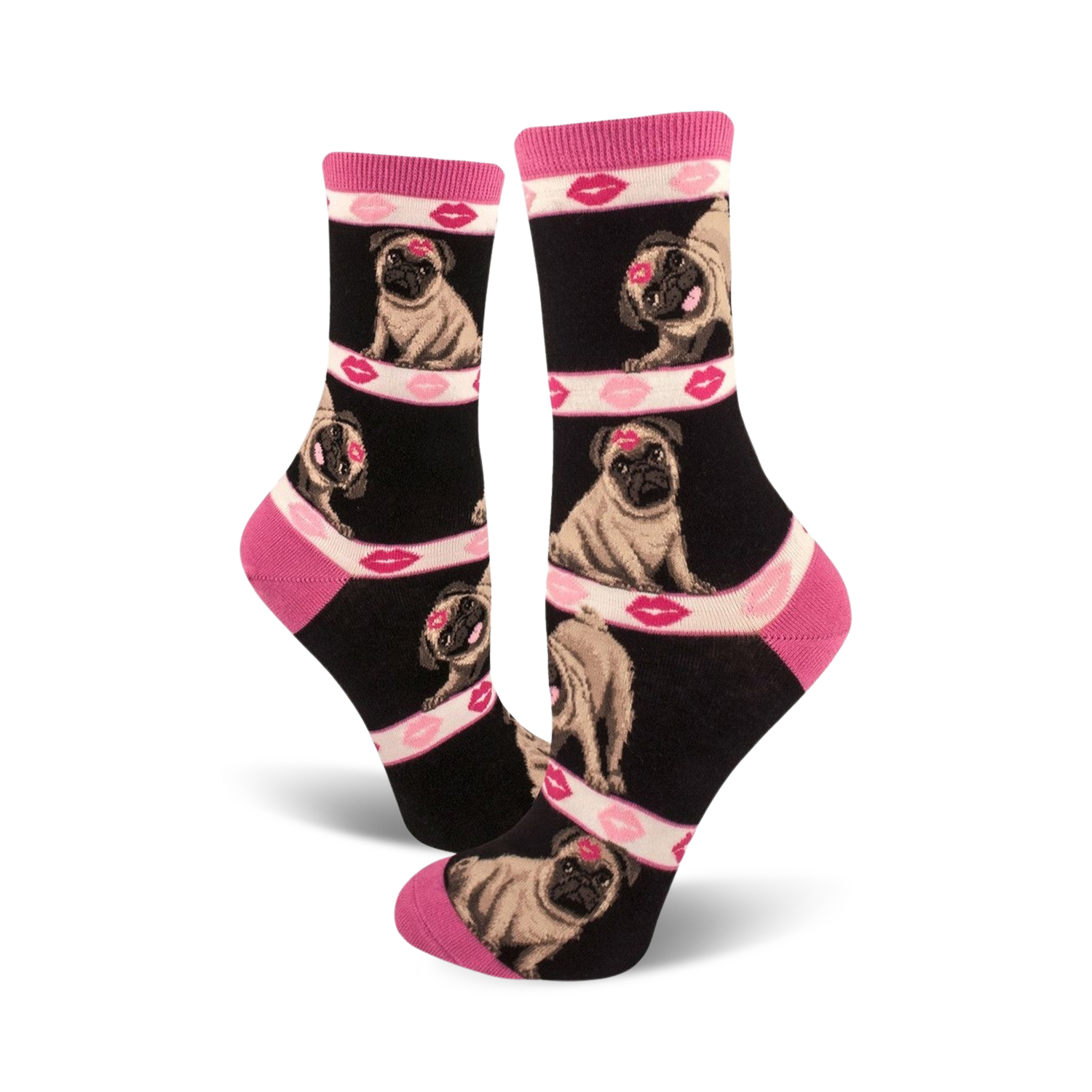 Crew socks in black with repeating images of pugs and pink lips.  A fun and playful design.