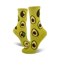 Pair of lime green crew socks featuring a repeating pattern of avocado slices. Fun and fashionable!