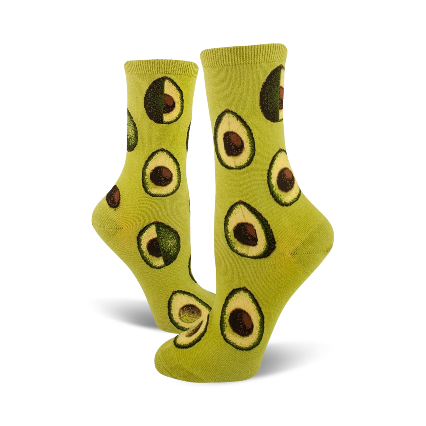 Pair of lime green crew socks featuring a repeating pattern of avocado slices. Fun and fashionable!