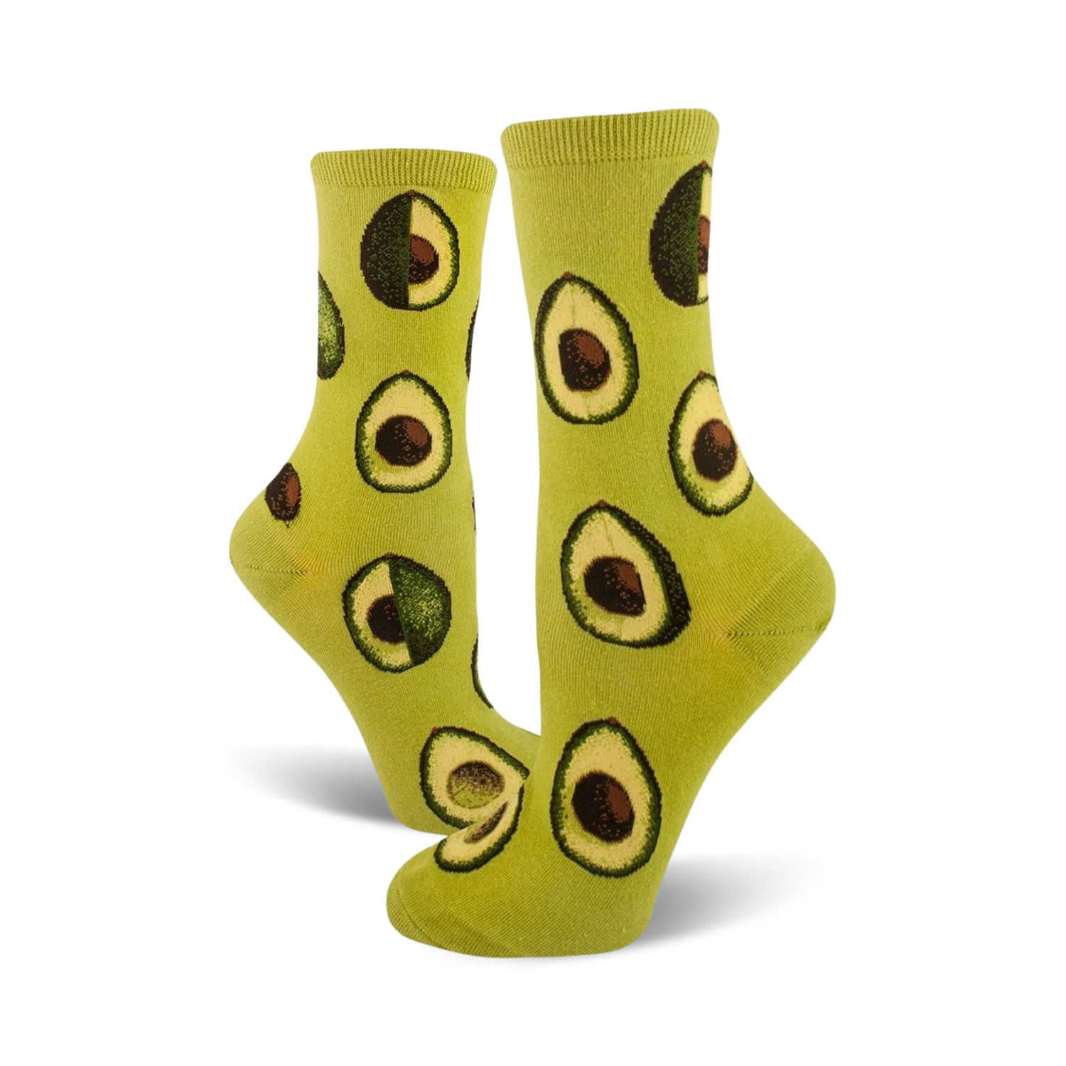 Pair of lime green crew socks featuring a repeating pattern of avocado slices. Fun and fashionable!