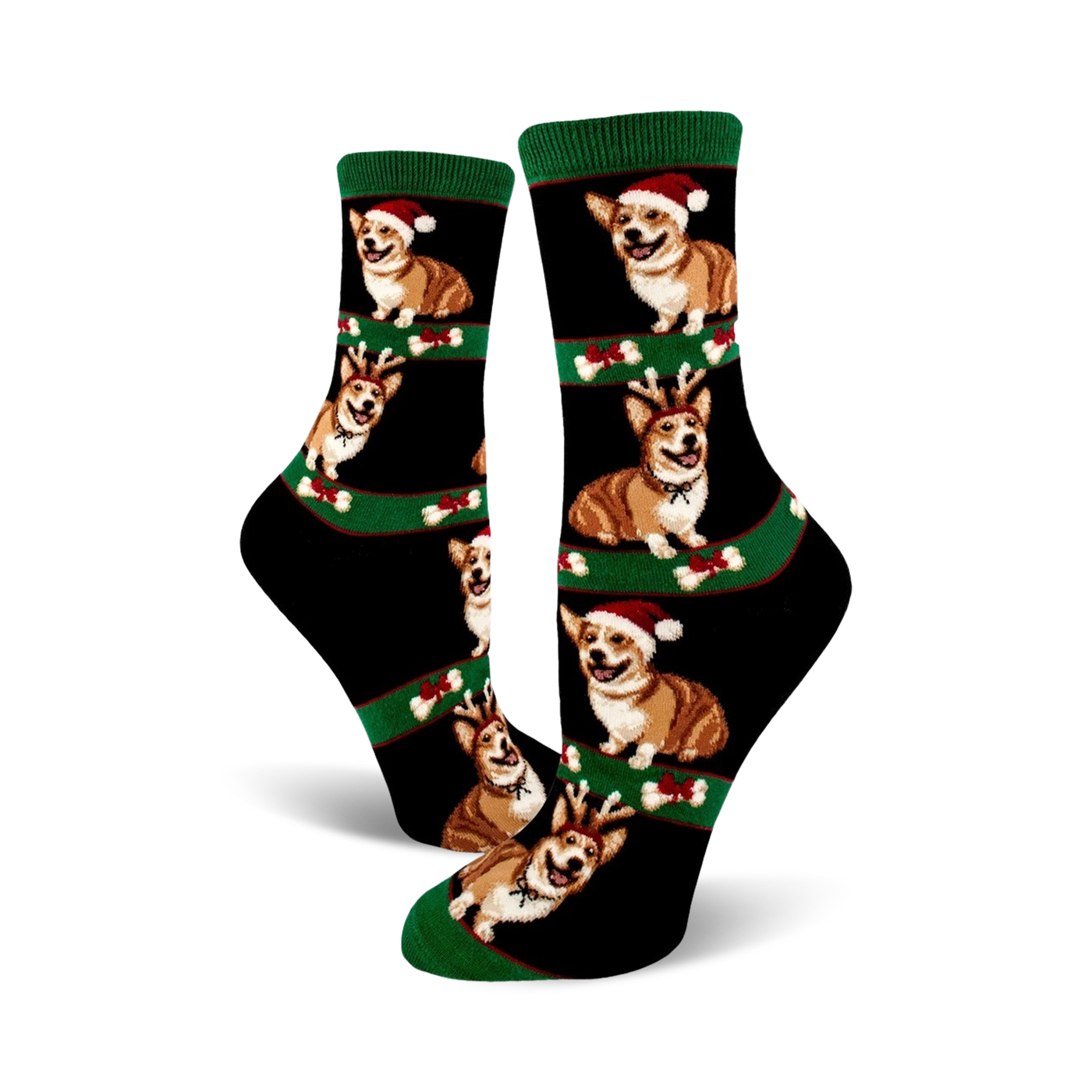 Crew socks with black background and green stripes.  Features repeating images of corgis wearing Santa hats and reindeer antlers.