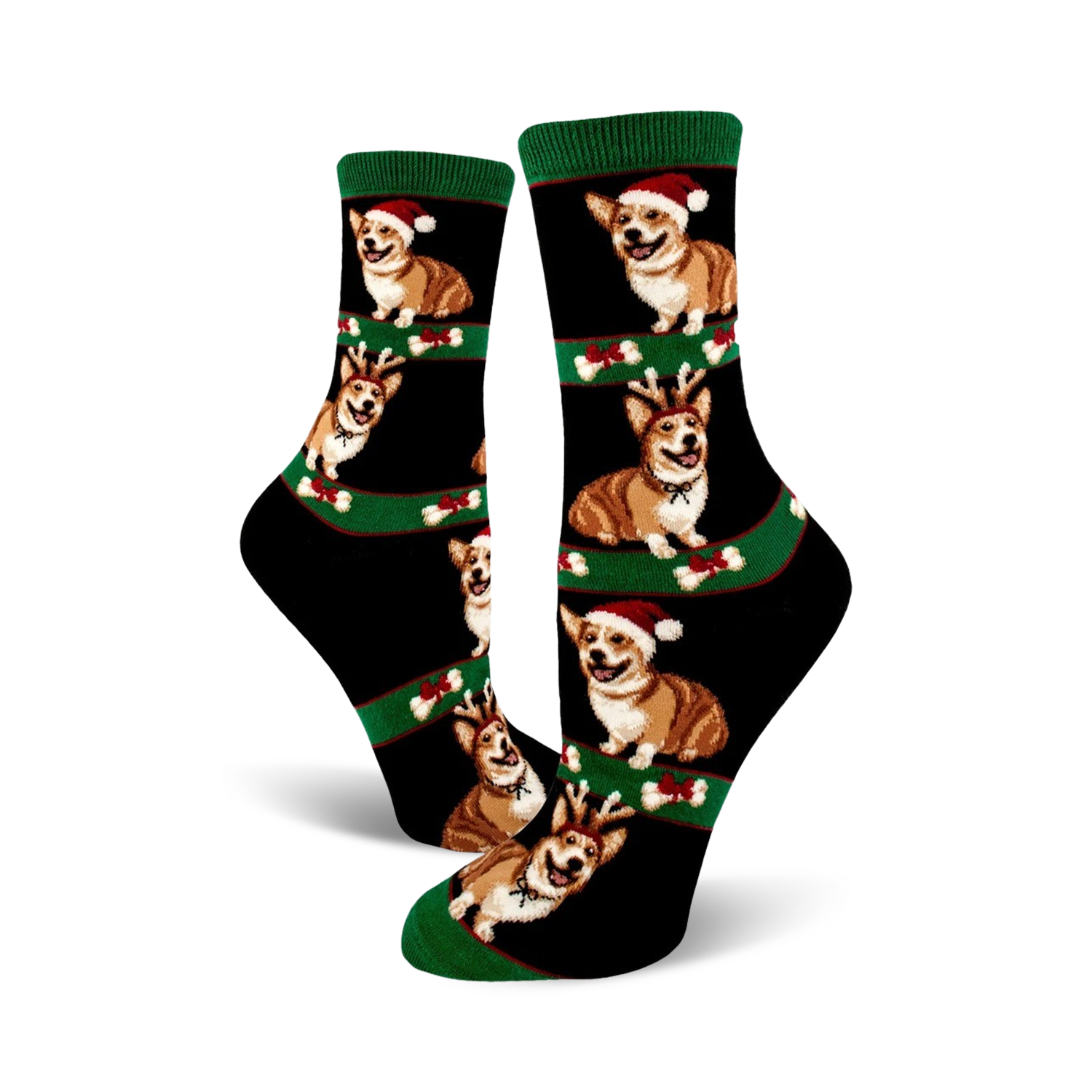 Crew socks with black background and green stripes.  Features repeating images of corgis wearing Santa hats and reindeer antlers.
