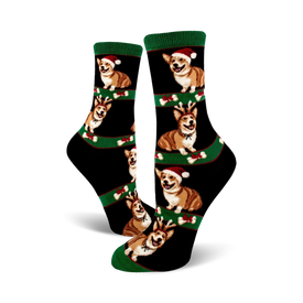 christmas themed crew length socks for women featuring a pattern of cartoon corgis wearing santa hats and reindeer antlers surrounded by christmas objects.  