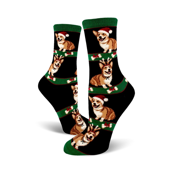 christmas themed crew length socks for women featuring a pattern of cartoon corgis wearing santa hats and reindeer antlers surrounded by christmas objects.   }}
