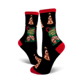 Pair of black crew socks with red cuffs. Feature pizza slice Christmas trees and 'Merry Crustmas' text.