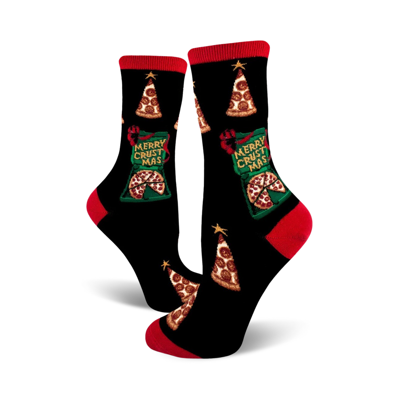 Pair of black crew socks with red cuffs. Feature pizza slice Christmas trees and 'Merry Crustmas' text.