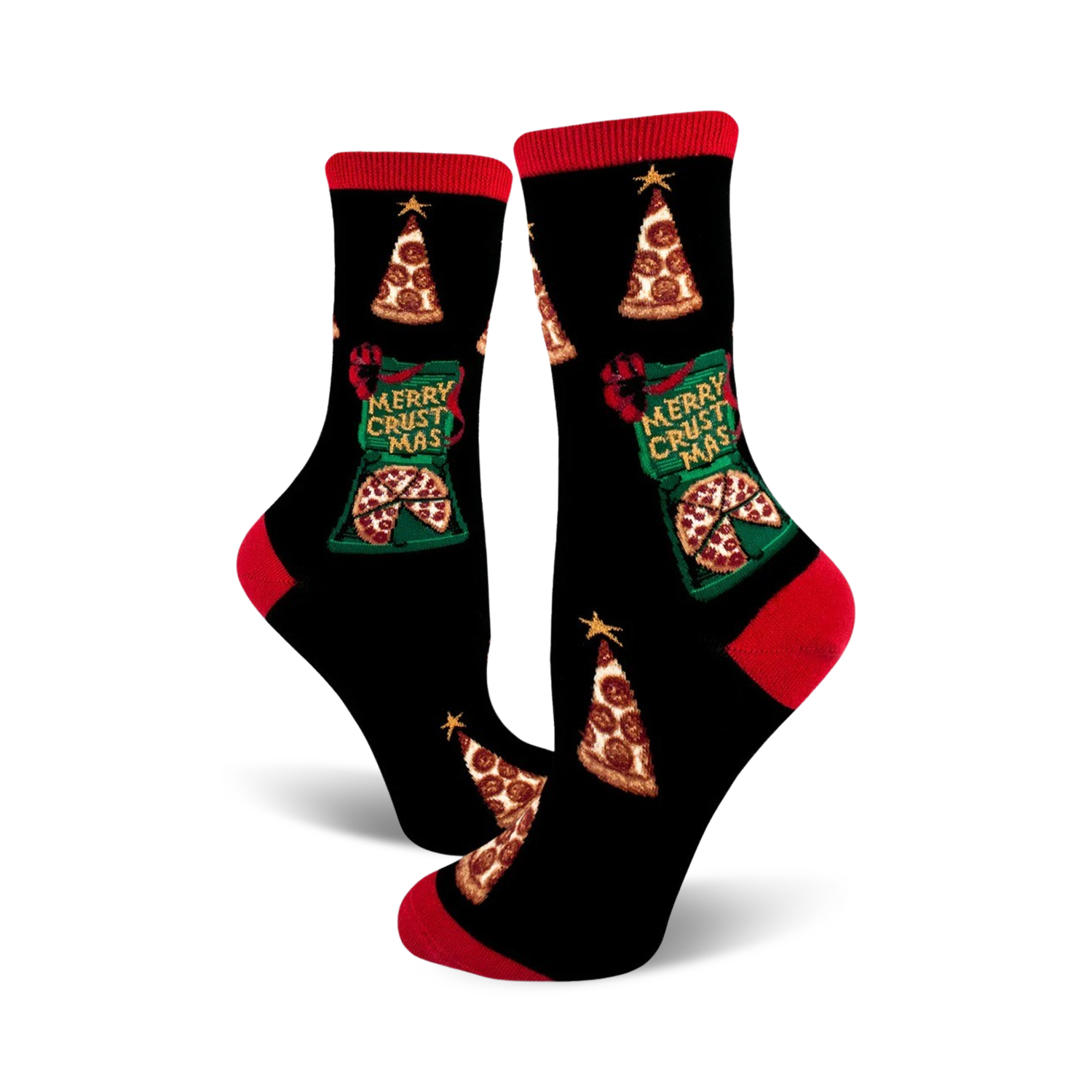 Pair of black crew socks with red cuffs. Feature pizza slice Christmas trees and 'Merry Crustmas' text.