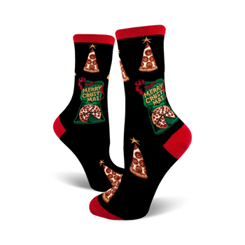 black unisex crew socks with christmas pizza pattern, green and red stars and trees and red toes.   