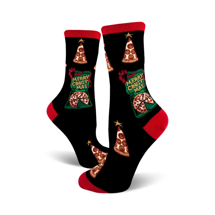 black unisex crew socks with christmas pizza pattern, green and red stars and trees and red toes.    }}