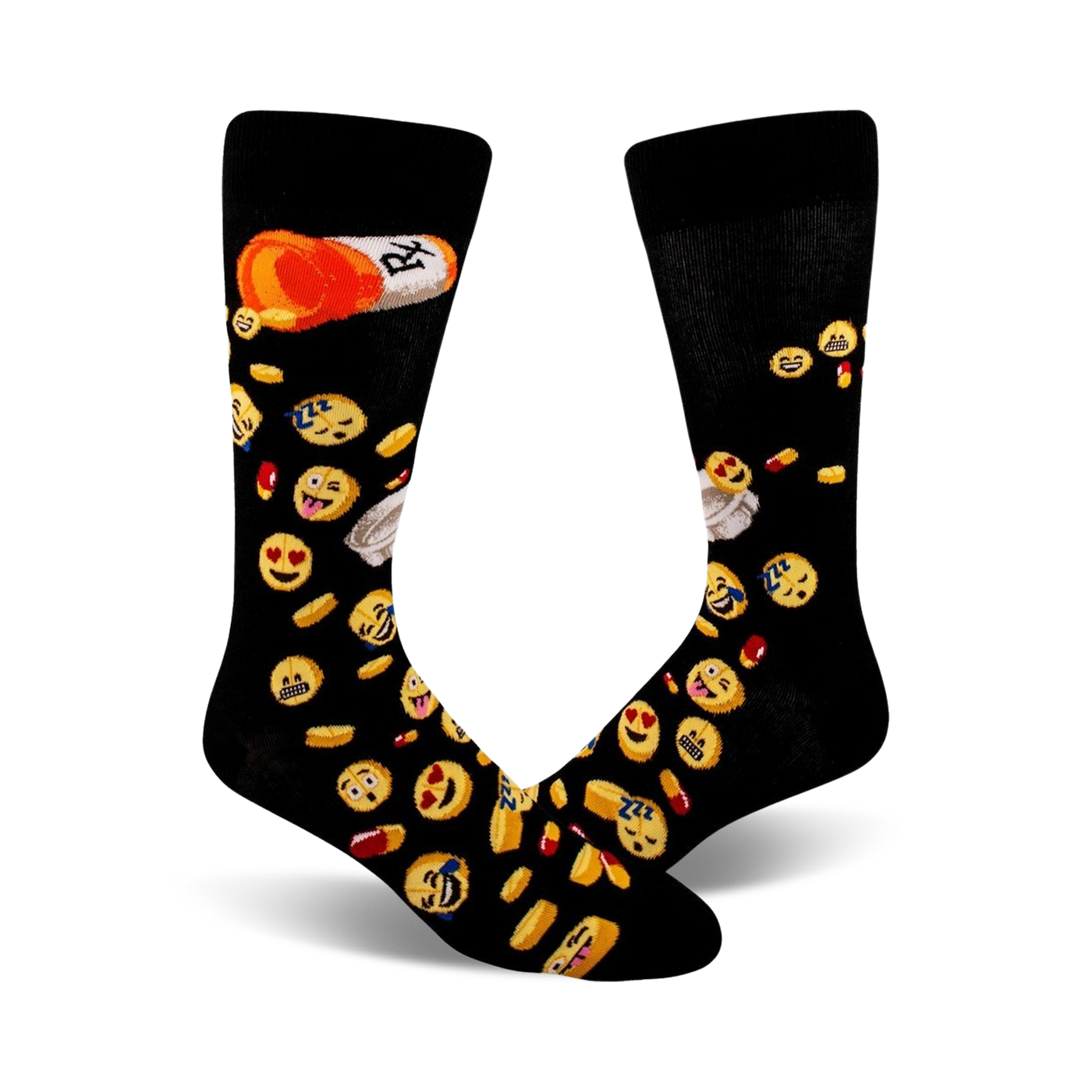 Pair of black crew socks with a fun design.  Features yellow emojis, red and orange pills, and a prescription label.