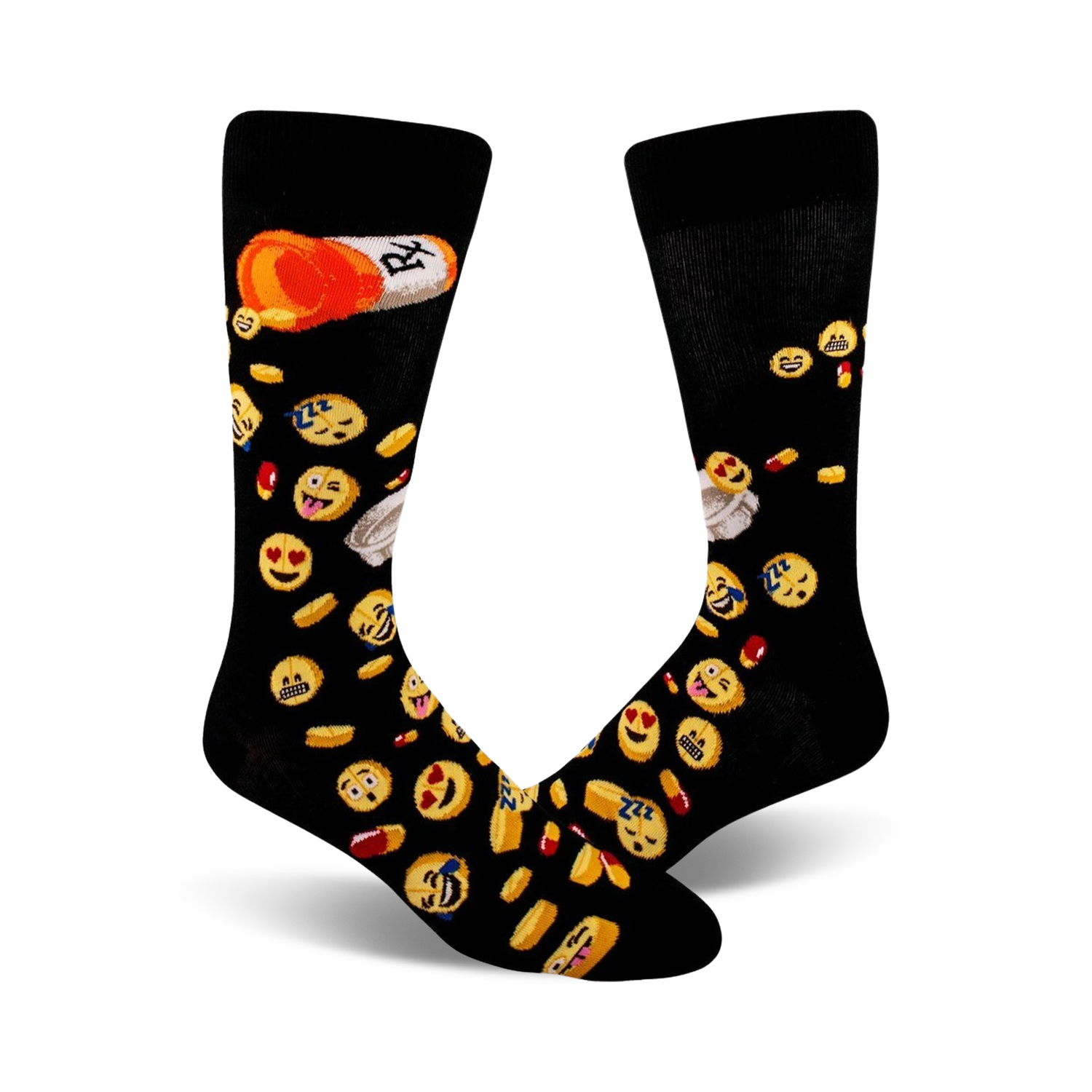 Pair of black crew socks with a fun design.  Features yellow emojis, red and orange pills, and a prescription label.