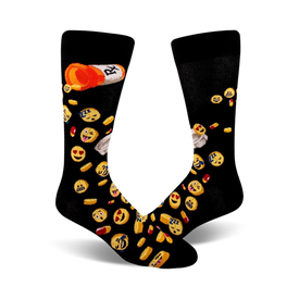 black crew socks with yellow and orange emoji pattern.  