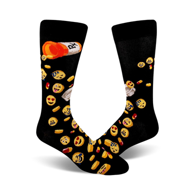 black crew socks with yellow and orange emoji pattern.  