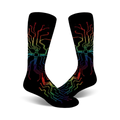 Pair of black crew socks with a rainbow-colored circuit board design. The vibrant design features rainbow colored lines and chips on a black background.