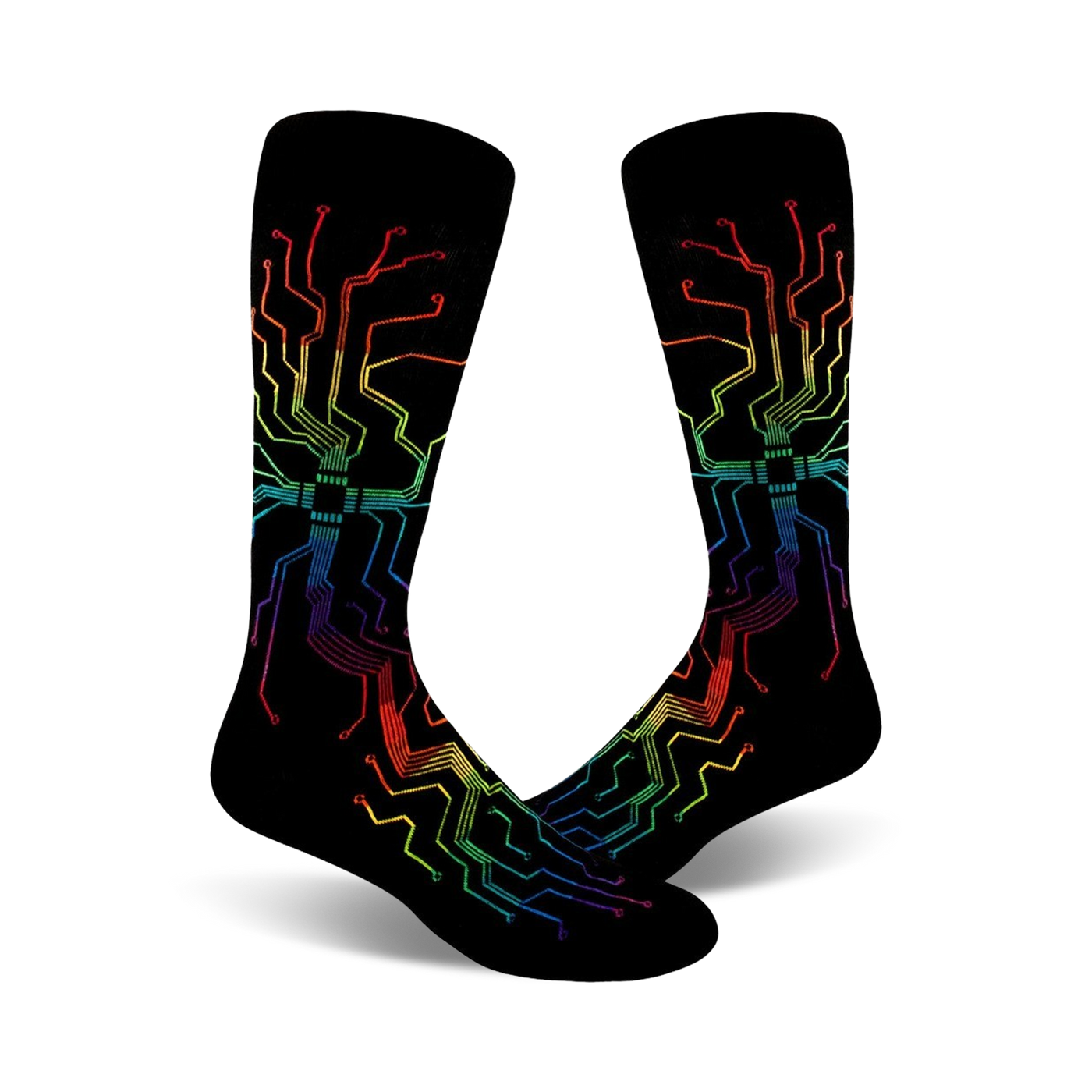 Pair of black crew socks with a rainbow-colored circuit board design. The vibrant design features rainbow colored lines and chips on a black background.