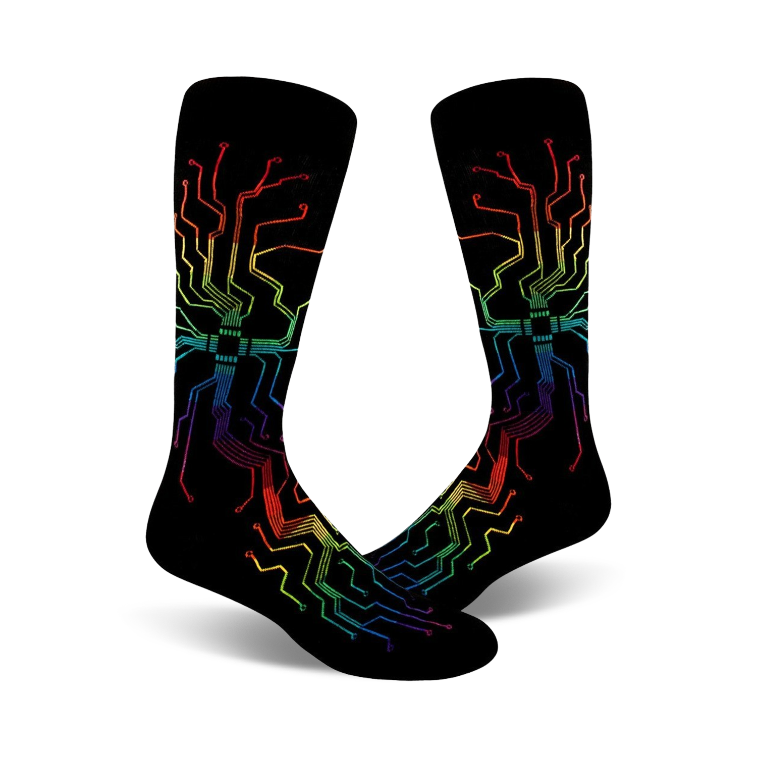 Pair of black crew socks with a rainbow-colored circuit board design. The vibrant design features rainbow colored lines and chips on a black background.
