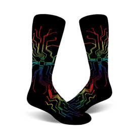 mens black muthaboard crew socks with colorful circuit board pattern and rainbow-colored lines, showcasing the fusion of technology and fashion.  