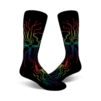 mens black muthaboard crew socks with colorful circuit board pattern and rainbow-colored lines, showcasing the fusion of technology and fashion.  