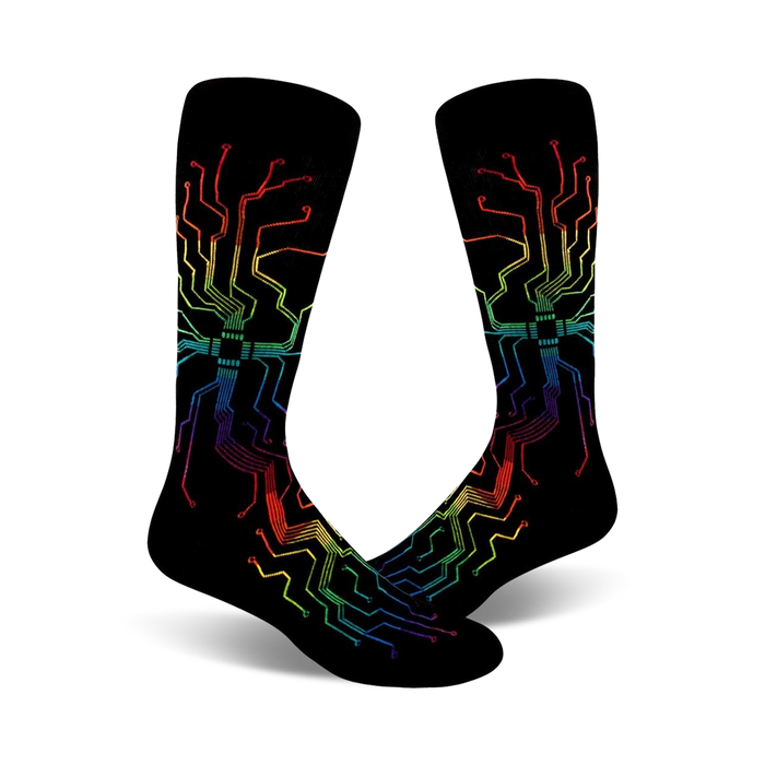 mens black muthaboard crew socks with colorful circuit board pattern and rainbow-colored lines, showcasing the fusion of technology and fashion.   }}