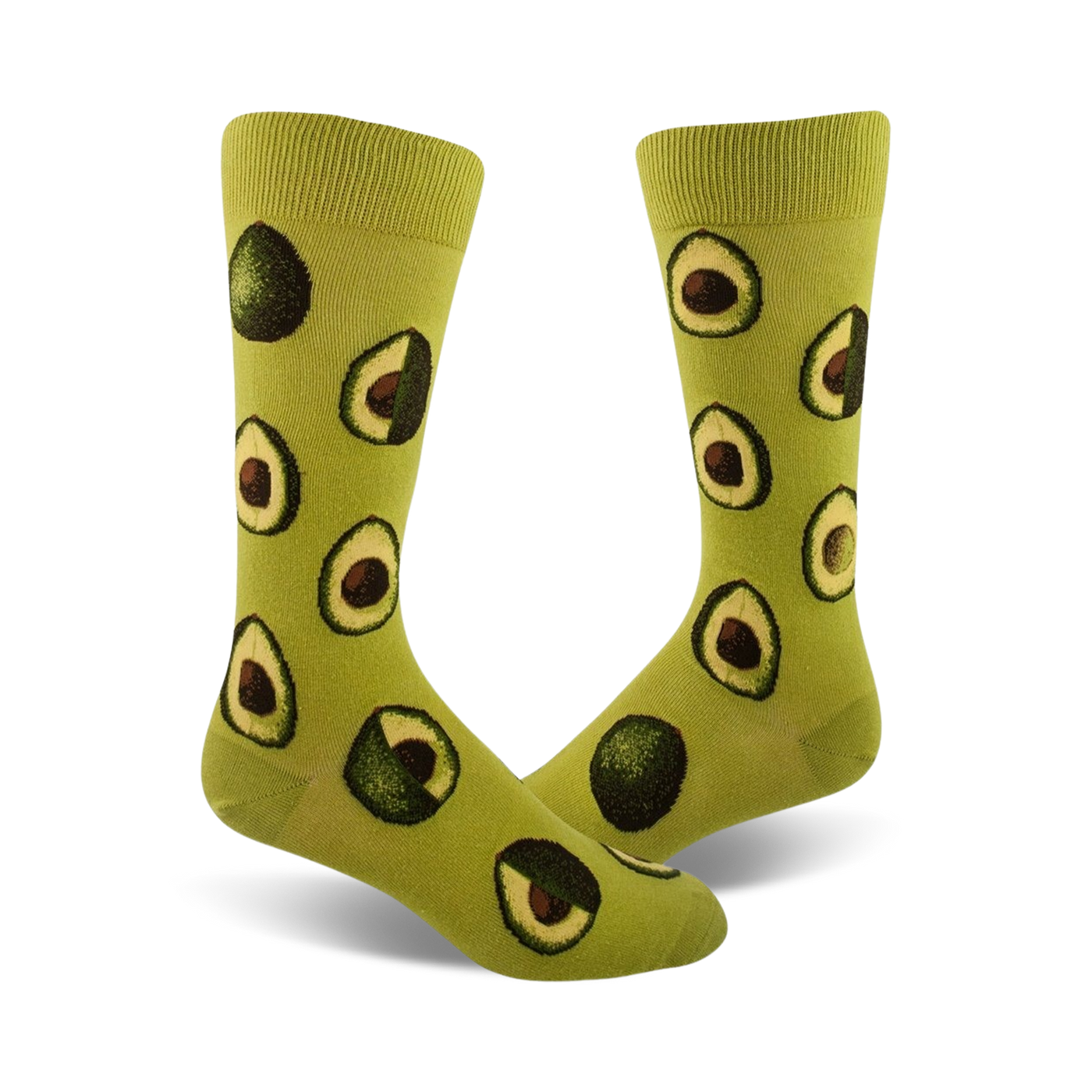 Pair of crew socks in light green with a repeating pattern of illustrated avocado slices.  Fun and quirky design!