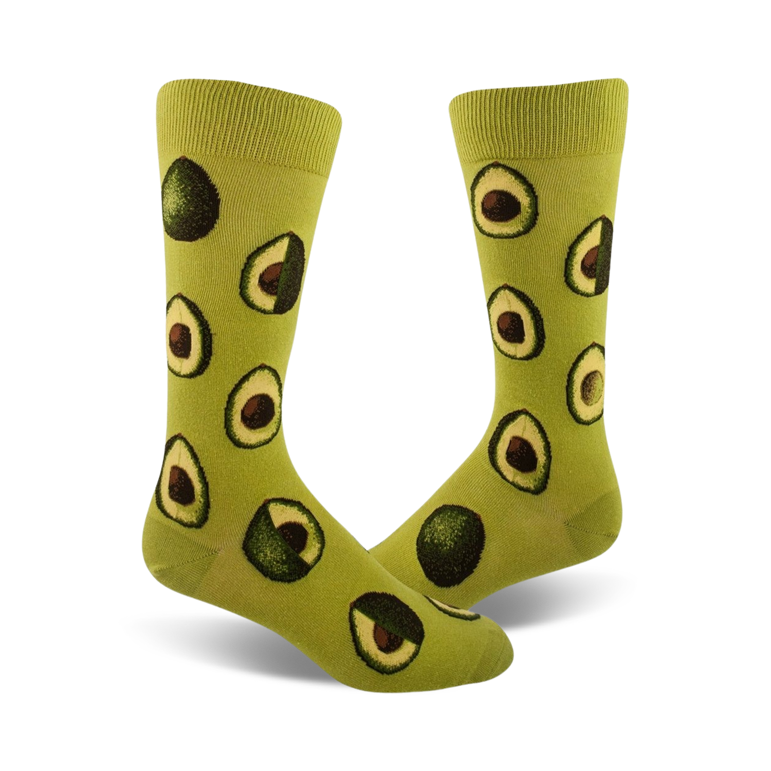 Pair of crew socks in light green with a repeating pattern of illustrated avocado slices.  Fun and quirky design!