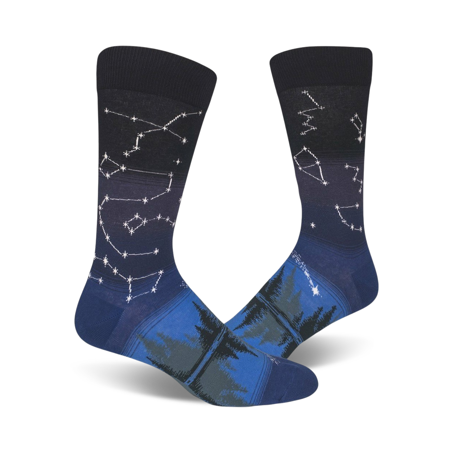 Pair of crew socks in navy blue and dark teal.  Constellation design fades into a forest scene at the bottom.