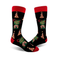 Pair of crew socks; black background with red and green pizza-themed Christmas trees and gift boxes.  Text reads 'Merry Crustmas'.