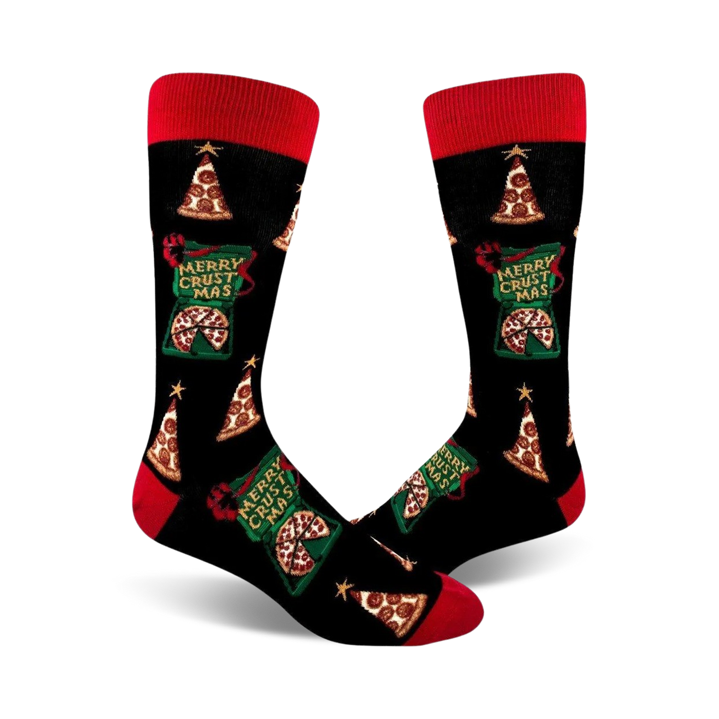 Pair of crew socks; black background with red and green pizza-themed Christmas trees and gift boxes.  Text reads 'Merry Crustmas'.